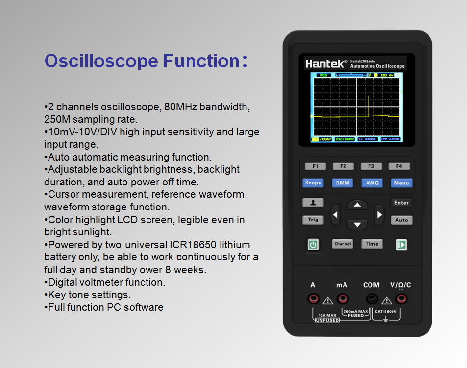 Hantek 2D82 80MHz オシロスコープ 自動車診断ツール+DMM+信号発生器